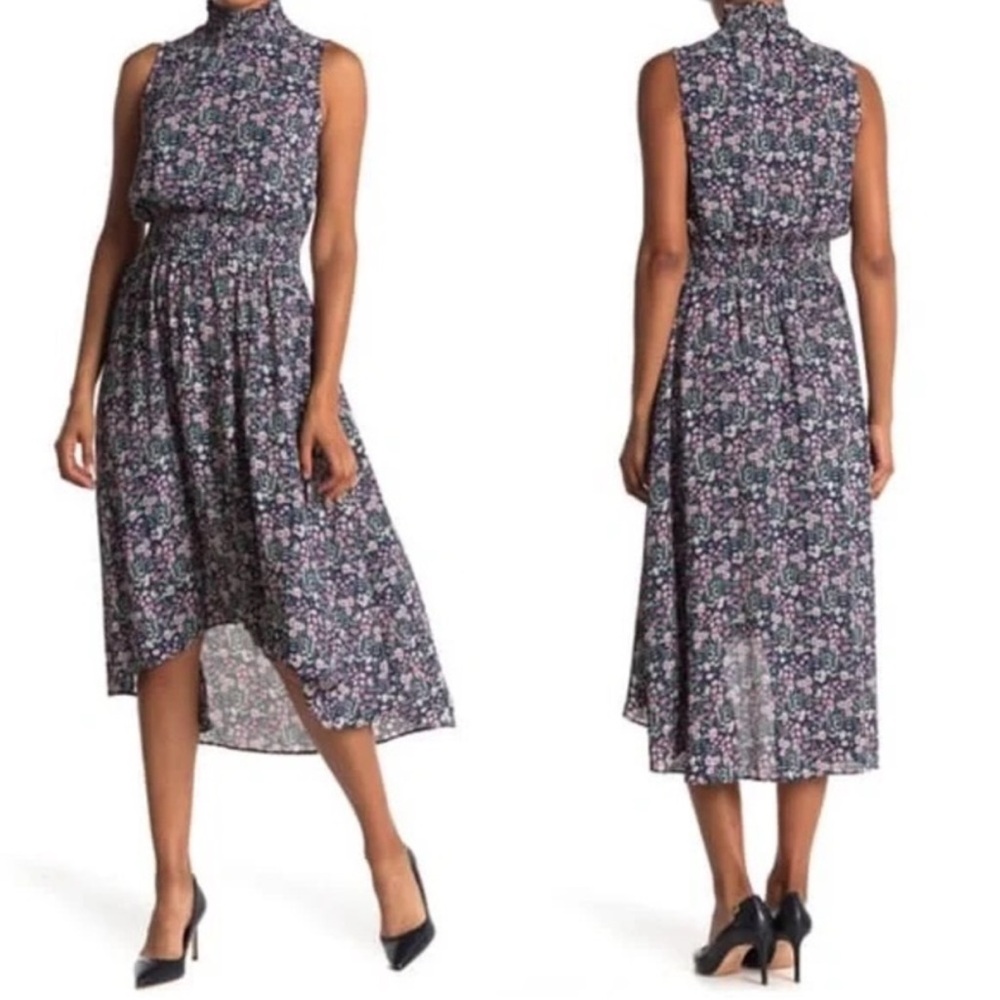 Nanette Lepore High-Low Floral Smocked Mock Neck Midi Dress Size 10